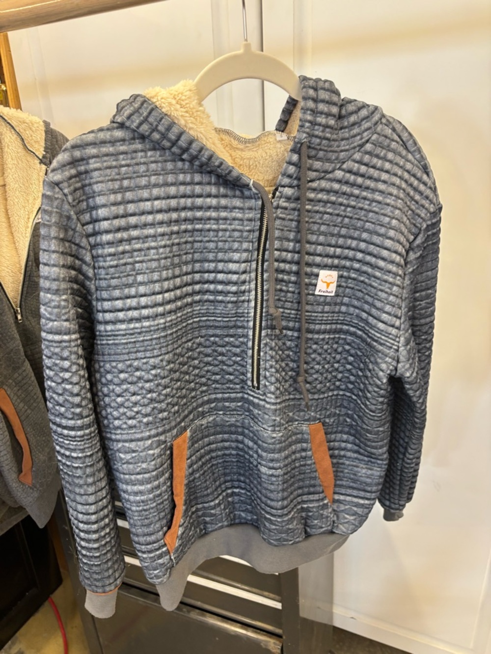 Quilted Blue Sherpa-Lined Zip Hoodie with Contrast Pockets